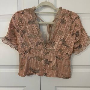 Anthropologie Pink and Brown Flutter Sleeve Crop Blouse